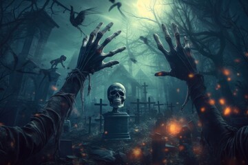 Naklejka premium Skeleton hands rising from a graveyard. Concept Halloween background. Generative AI