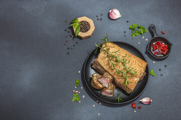 Piece of salty high-fat meat cooked with spices. Salo, bacon, lard, silverside, gammon