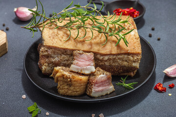 Piece of salty high-fat meat cooked with spices. Salo, bacon, lard, silverside, gammon