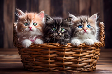 Three cute multicolored kittens in a wicker basket look into the camera