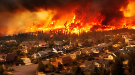 Under an ash-laden sky, a wild fire rages, its fury painting a stark tapestry of chaos. Billowing smoke and flames consume the neighborhood, Climate change Alert . Generative AI