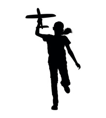 Obraz premium Girl playing with airplane toy vector silhouette.