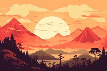 Abstract mountains and sun landscape illustration in Japanese vintage art style. Generative AI