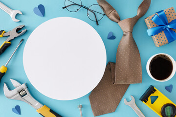 Happy Father's Day concept. Top view flat lay of gift box, cup of coffee, men's accessories, eyeglasses, different hand tools and hearts on blue background with blank circle for text or promotion