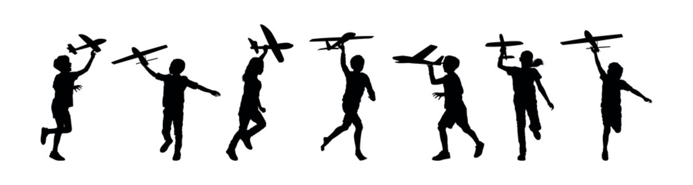 Group of kids playing toy airplane silhouette set collection.