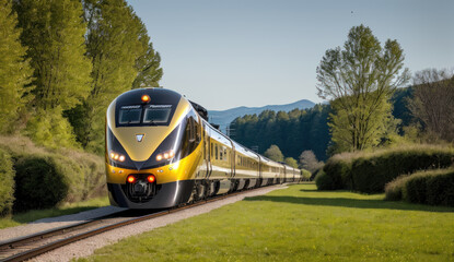 Obraz premium Train futuriste traversant la campagne. Generative AI.