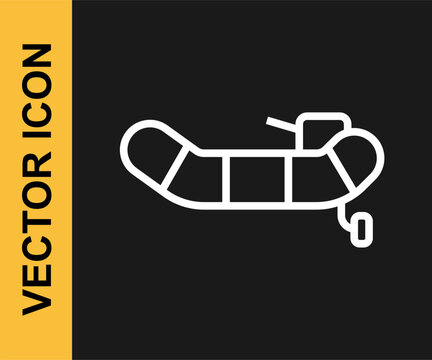 White line Inflatable boat with outboard motor icon isolated on black background. Vector