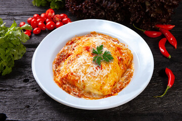 Traditional lasagna made with minced beef bolognese sauce