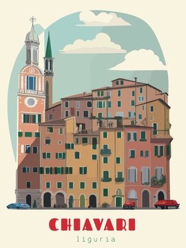 Chiavari: Beautiful vintage-styled poster of with a city and the name Chiavari in Liguria