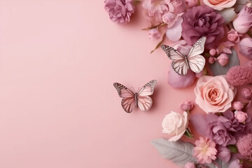 Flowers composition. flowers and eucalyptus leaves and butterfly on pastel purple background. AI generative
