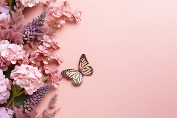 Flowers composition. flowers and eucalyptus leaves and butterfly on pastel purple background. AI generative