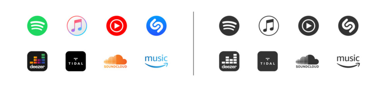 Best music streaming services. Logos of popular social media: Spotify, iTunes, YouTube, Amazon, and others. Isolated icon. Vector editorial illustration. Rivne, Ukraine - May 25, 2023