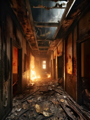 Fototapeta na wymiar Echoes of war, an apartment building stands, gutted by fire. Its once lively interior is now but a charred shell, a haunting testament to devastation. total devastation of war. Generative AI