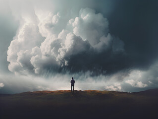 Human standing under a rainy cloud created with Generativ Ai technology