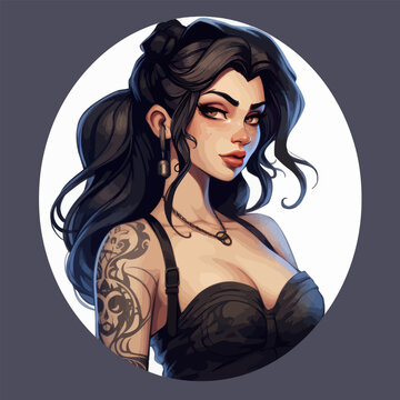 A dark beauty with long black hair and tattoos. Vector illustration.