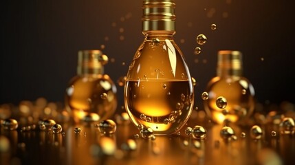 化粧品用黄金色の泡のオイルまたはコラーゲン美容液, 3DレンダリングGenerativeAI