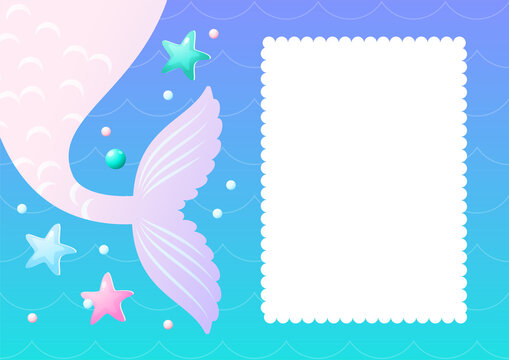 Under the sea background template. Cute frame of mermaid tails with white blank space