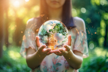 woman hands holding world of global network and data customer connection on nature background. AI generative