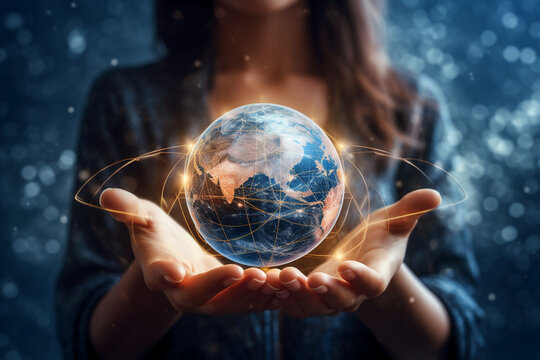woman hands holding world of global network and data customer connection on nature background. AI generative