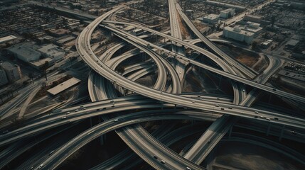 The aerial perspective showcases the intricacy and scale of a busy highway interchange in Los Angeles, with an intricate web of roads and an endless flow of vehicles. Generated by AI.