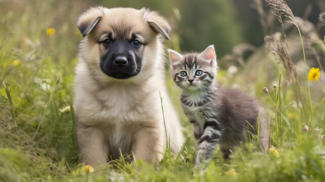 野原にいるかわいい子犬と子猫GenerativeAI