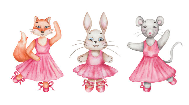 Watercolor illustration. Hand painted bunny, fox, mouse, hare, rabbit. Cartoon animals in dance studio in pink dresses, ballet shoes. Girl characters. Isolated clip art for children textile, posters
