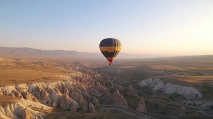 Embark on a breathtaking hot air balloon ride over the enchanting landscapes of Cappadocia, Turkey. Generated by AI.