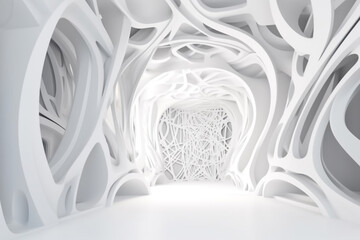 Beautiful abstract architecture background. White intricate room with modern geometric shapes and futuristic design. Generative AI