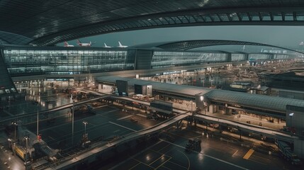Immerse yourself in the pulsating rhythm of a busy international airport, where the world converges in a constant flow of arrivals and departures. Generated by AI.