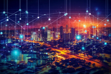 Fototapeta na wymiar Network Connection technology and Smart city concept. AI generative