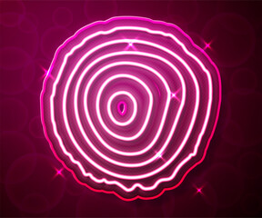 Glowing neon line Tree rings icon isolated on red background. Wooden cross section. Vector