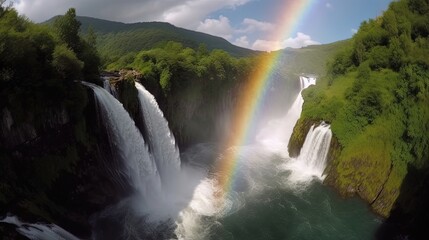 Witness the enchanting beauty of a vibrant rainbow gracefully arching over a cascading waterfall. Generated by AI.