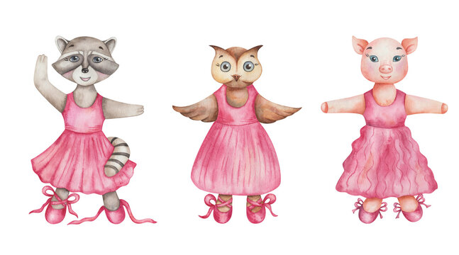 Watercolor illustration. Hand painted grey raccoon, pig, owl bird. Cartoon animals in dance studio in pink dresses, ballet shoes. Girl characters. Isolated clip art for children textile, posters