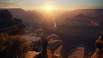 The awe-inspiring footage captures the magical allure of the Grand Canyon at sunrise, with its vast expanses. Generated by AI.