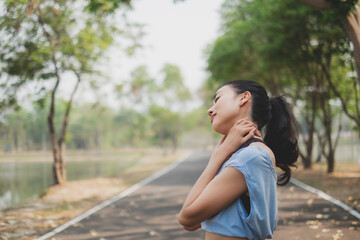 Female is exercising in the morning with feeling of meditation, relaxation, calmness, concentration, comfort, zen, spiritual warm up, solitude healing and consciousness and serenity. Copy space