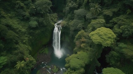 Immerse yourself in the natural wonder of a majestic waterfall surrounded by lush greenery. Generated by AI.