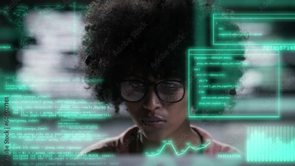Leinwandbilder Hologram, woman and programmer with code, computer coding and digital software in the workplace. Female person, coder and employee with security analysis, database and holographic with communications