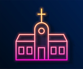 Glowing neon line Church building icon isolated on black background. Christian Church. Religion of church. Vector