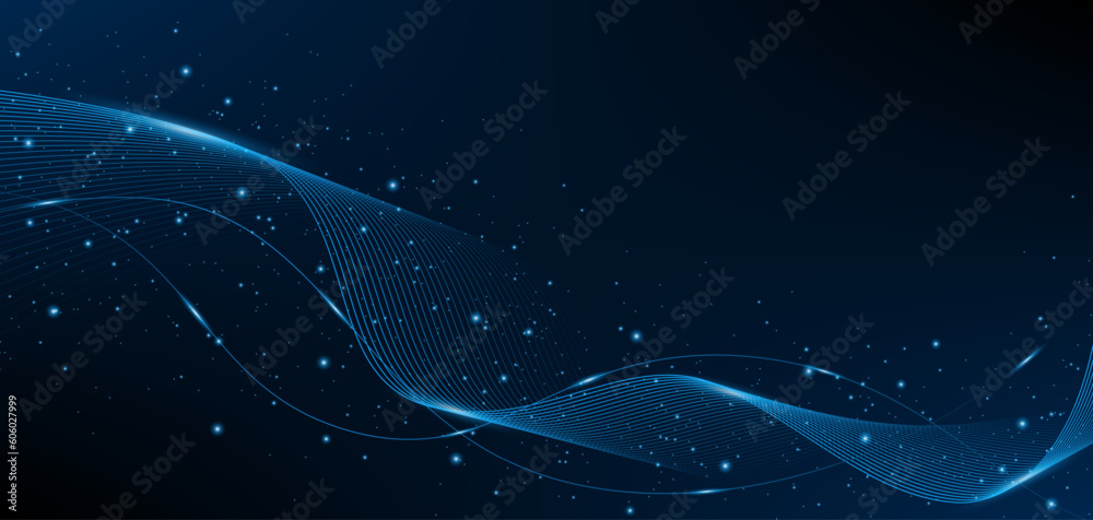 Fototapete Abstract wave motion with glowing particle dots. High tech futuristic concept on dark blue background. vector illustration
