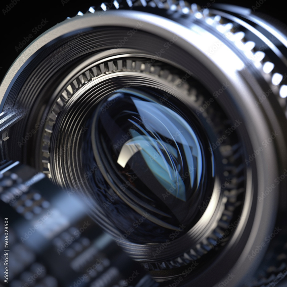 Aufkleber A close-up photograph of a camera lens with a shallow depth of field, showcasing its intricate glass elements and precise construction. Generative AI technology.