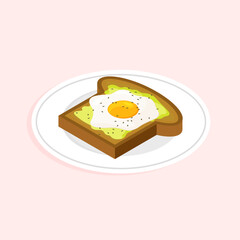 Avocado toast with fried egg on a plate. Tasty healthy breakfast. Roasted sandwich isometric. Vector illustration isolated.