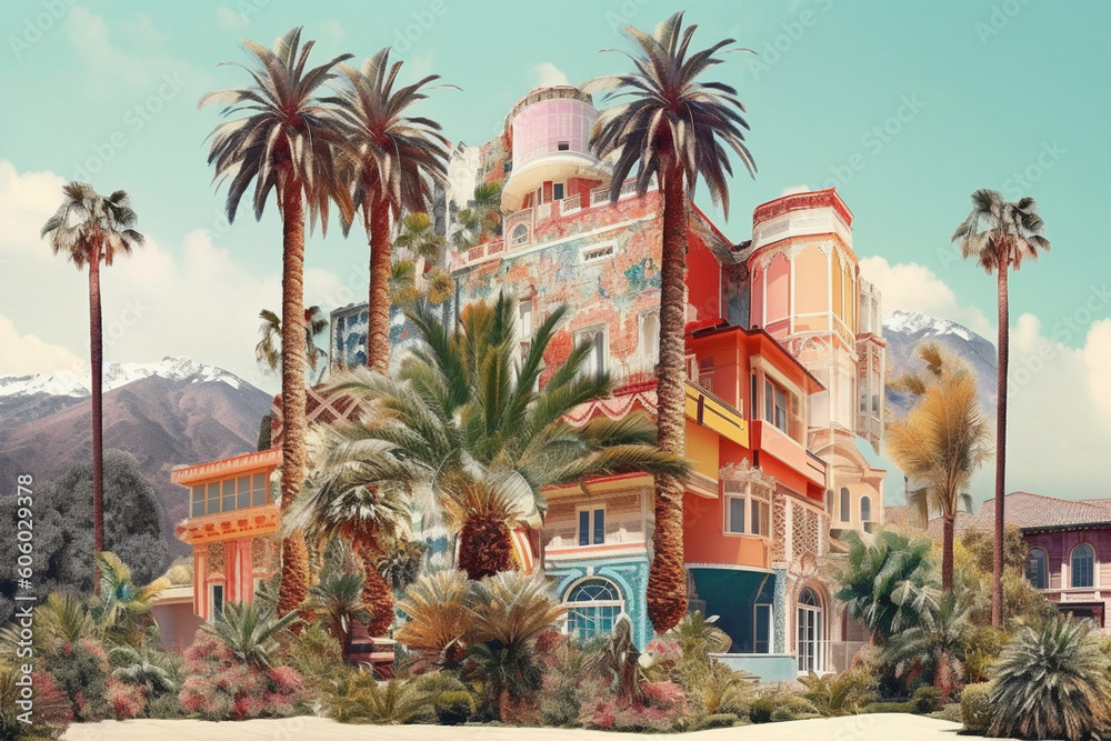 Fototapete  A surreal digital collage of abstract palm elements combined with vintage photographs or architectural structures, creating a sense of nostalgia and imagination. Generative AI technology.