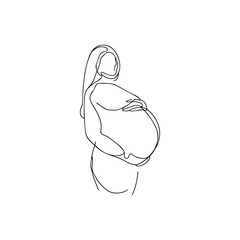 Vector illustration. One line art. A pregnant woman is holding her belly.