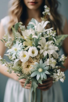 Real flowers for wedding in shades of mint and white bride holding it in her hands. AI generative