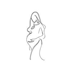 Vector illustration. One line art. A pregnant woman is holding her belly.