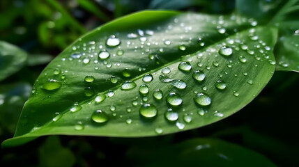 Large beautiful drops of transparent rain water on a green leaf macro. Drops of dew in the morning glow in the sun. Beautiful leaf texture in nature. Natural background Generative AI