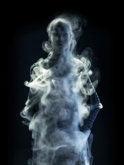 I think i saw a ghost Emerging from the darkness, a ghostly figure forms from wisps of white smoke. Its human-like shape, a chilling spectacle, creeps toward the camera. Generative AI