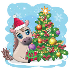 Cute horse, pony in Santa's hat with candy kane, Christmas ball, gift, ice skating. Winter is coming