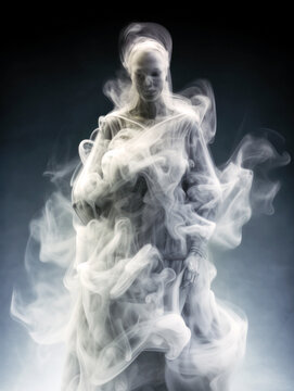 I think i saw a ghost Emerging from the darkness, a ghostly figure forms from wisps of white smoke. Its human-like shape, a chilling spectacle, creeps toward the camera. Generative AI