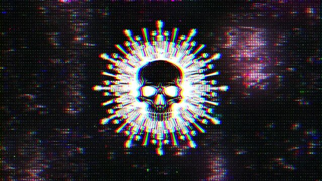 Glitchy binary background with a hacker skull logo